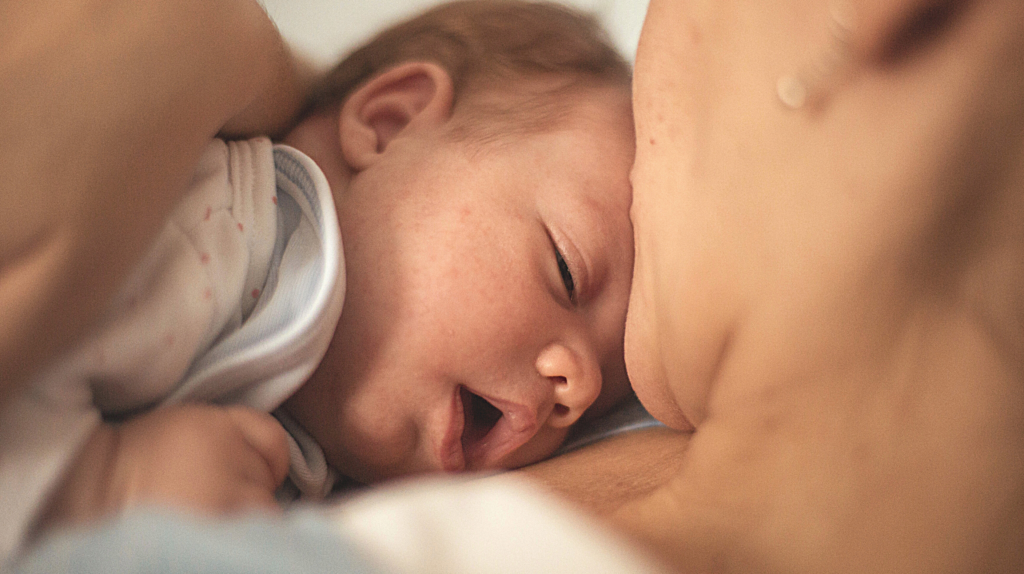 new mom holding a newborn baby and kissing its forehead