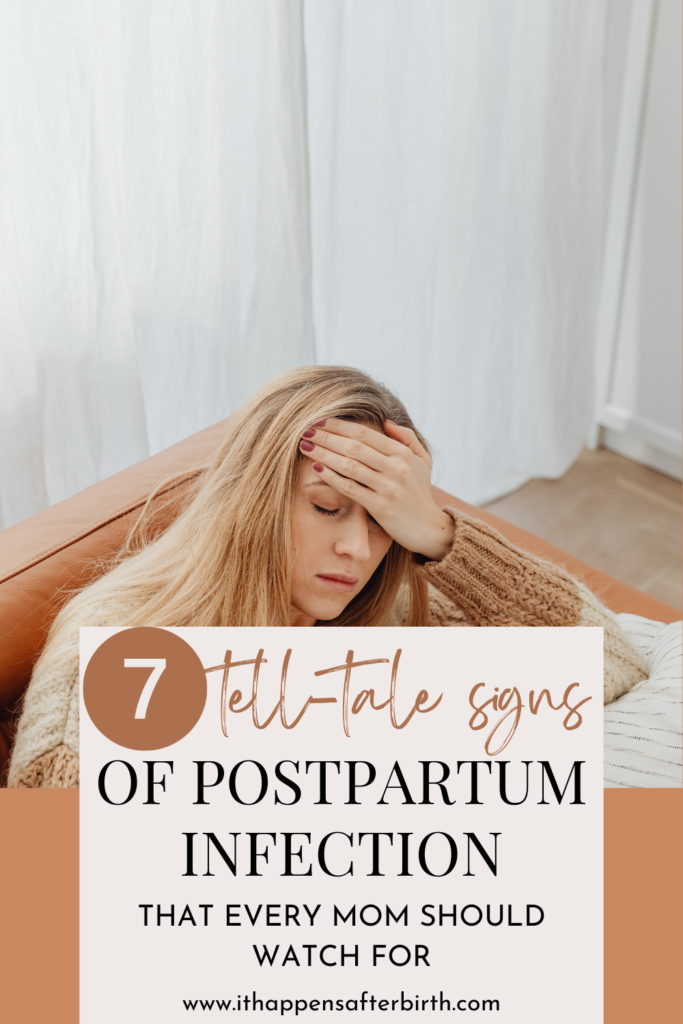 postpartum infection pin with woman sitting on couch holding her hand to her forehead